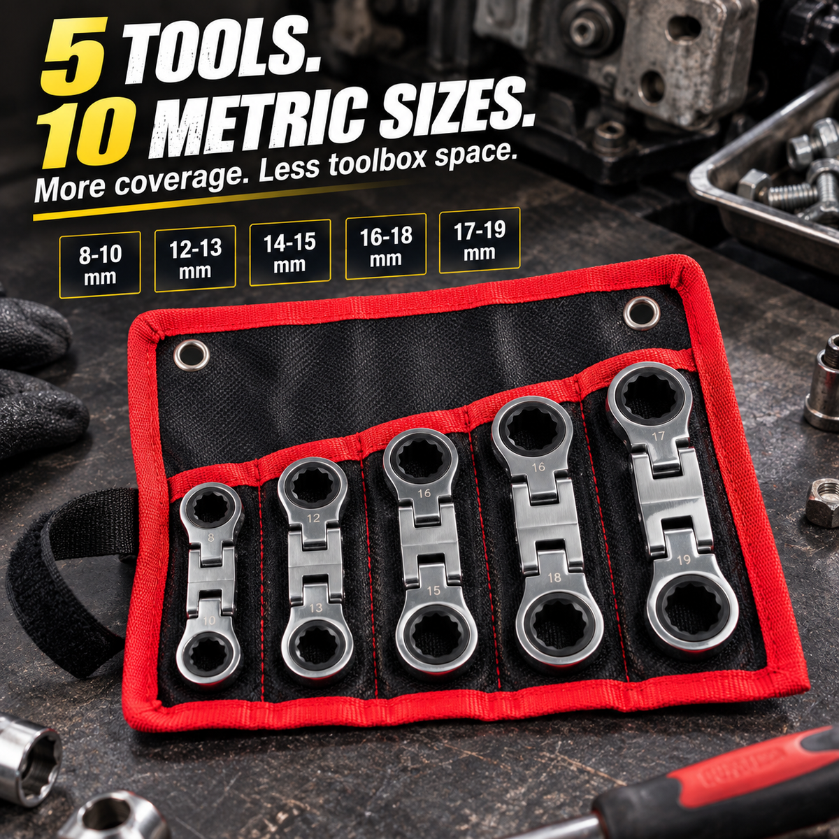 💯🛠️ 5-Piece Stubby Flex-Head Ratchet Wrench Set – Built for Tight Spaces Wrench Set 72-Tooth Metric Mechanic Tools