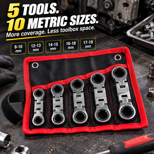 💯🛠️ 5-Piece Stubby Flex-Head Ratchet Wrench Set – Built for Tight Spaces Wrench Set 72-Tooth Metric Mechanic Tools
