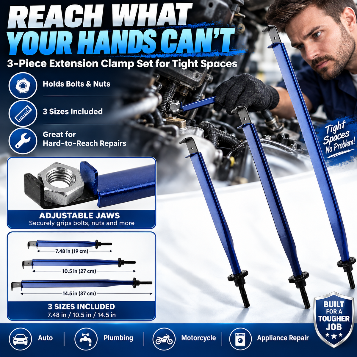 Three piece extension clamp set for reaching bolts and nuts in tight repair spaces