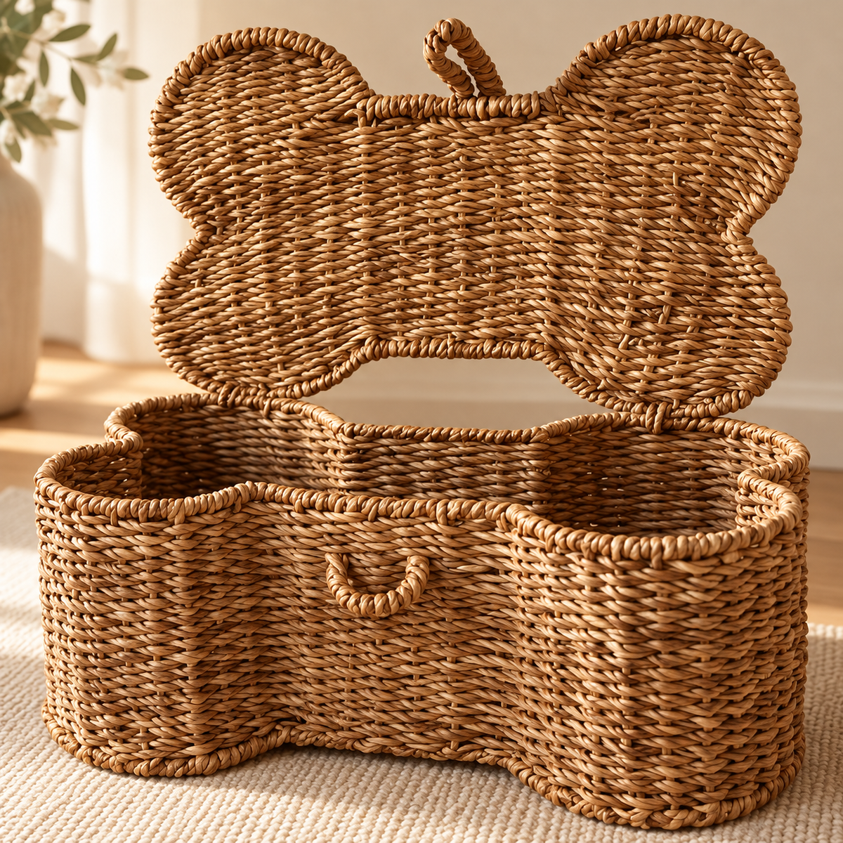 Open empty bone shaped seagrass dog toy storage basket