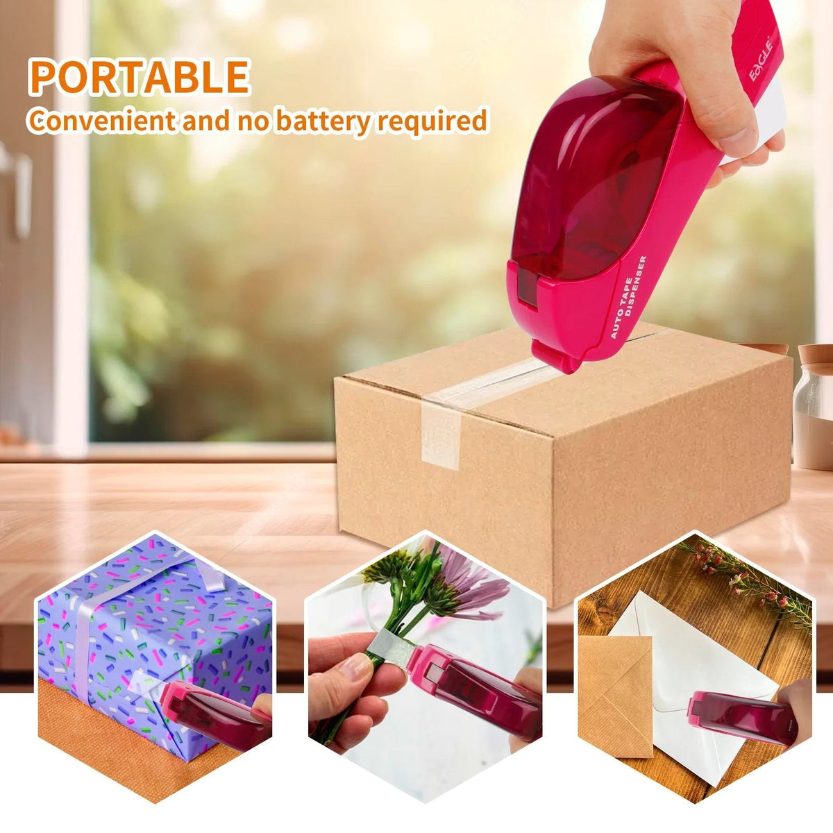 Portable one handed tape dispenser sealing a box