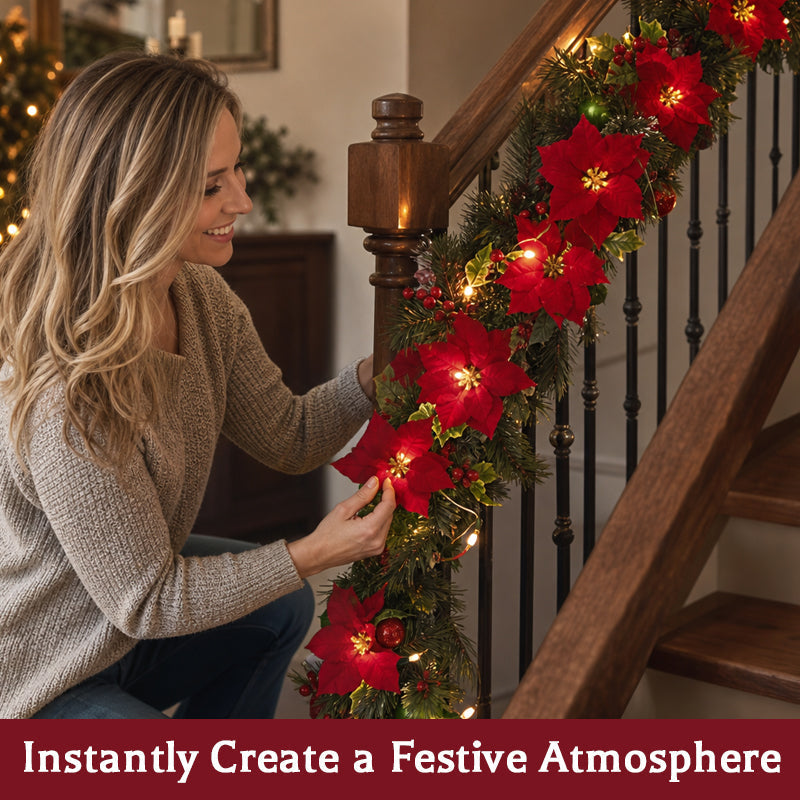 🎄Lighted Poinsettia Christmas Garland – Warm LED Holiday Greenery