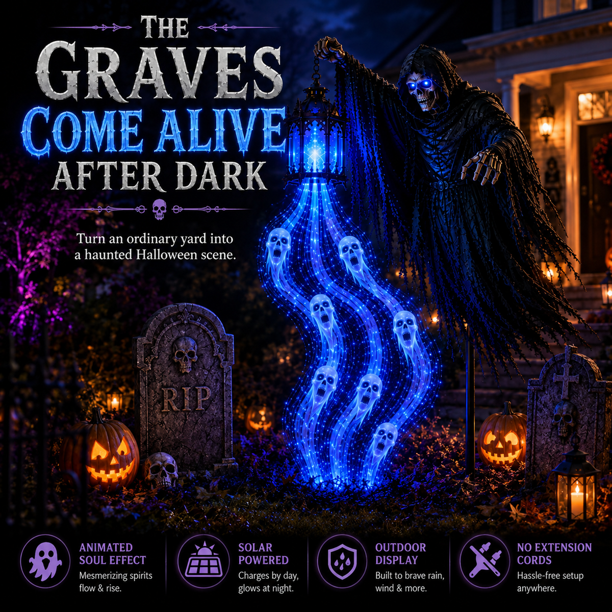 Halloween Soul Harvester solar garden light with glowing blue spirits