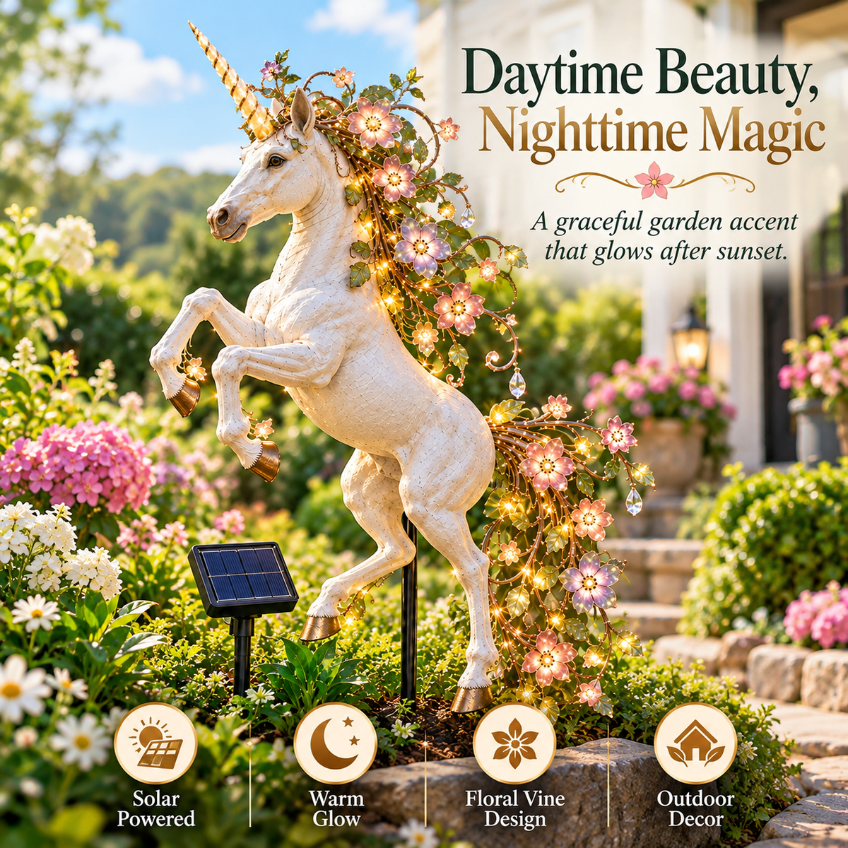 🦄 Enchanted Bloom Unicorn Solar Garden Light – Floral LED Outdoor Yard Decor