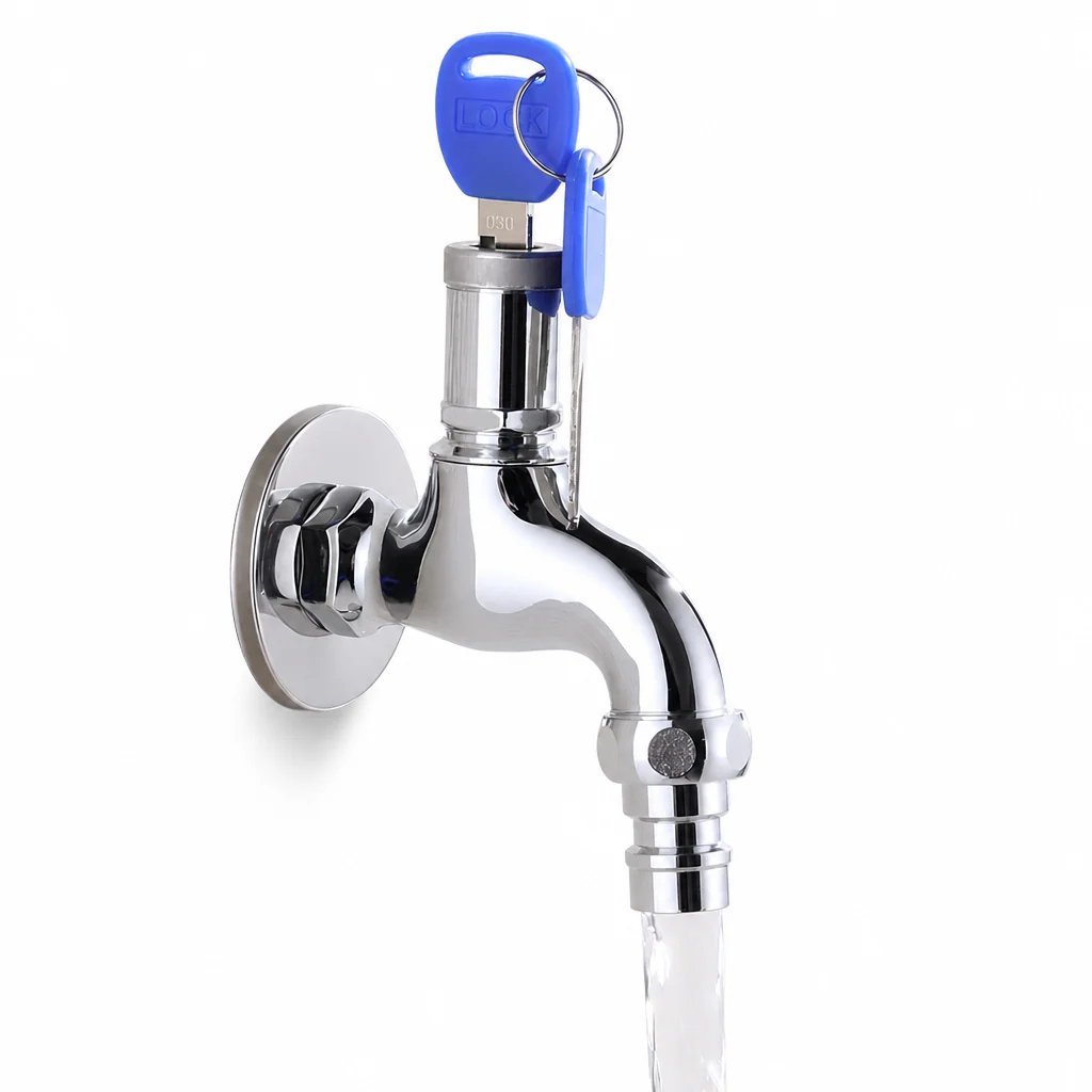 Standalone silver lockable outdoor faucet with blue key against a clean white background