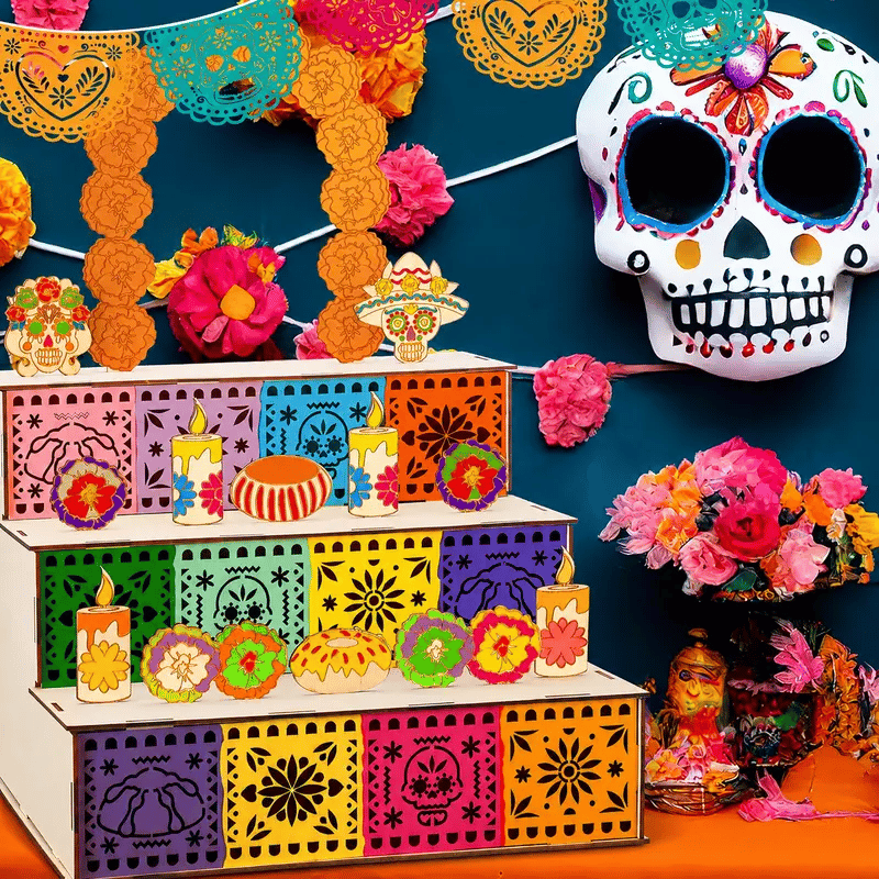Día de los Muertos remembrance display styled with colorful decorations