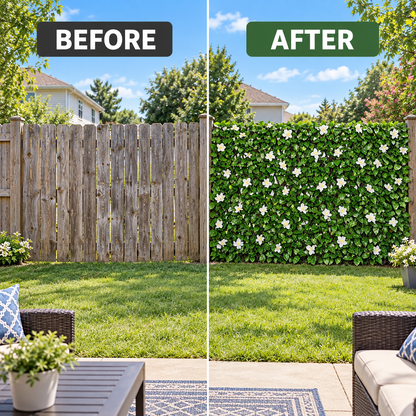 📍🍃Extendable Simulation Rattan Fence with White Flowers Decorating Green Leaves