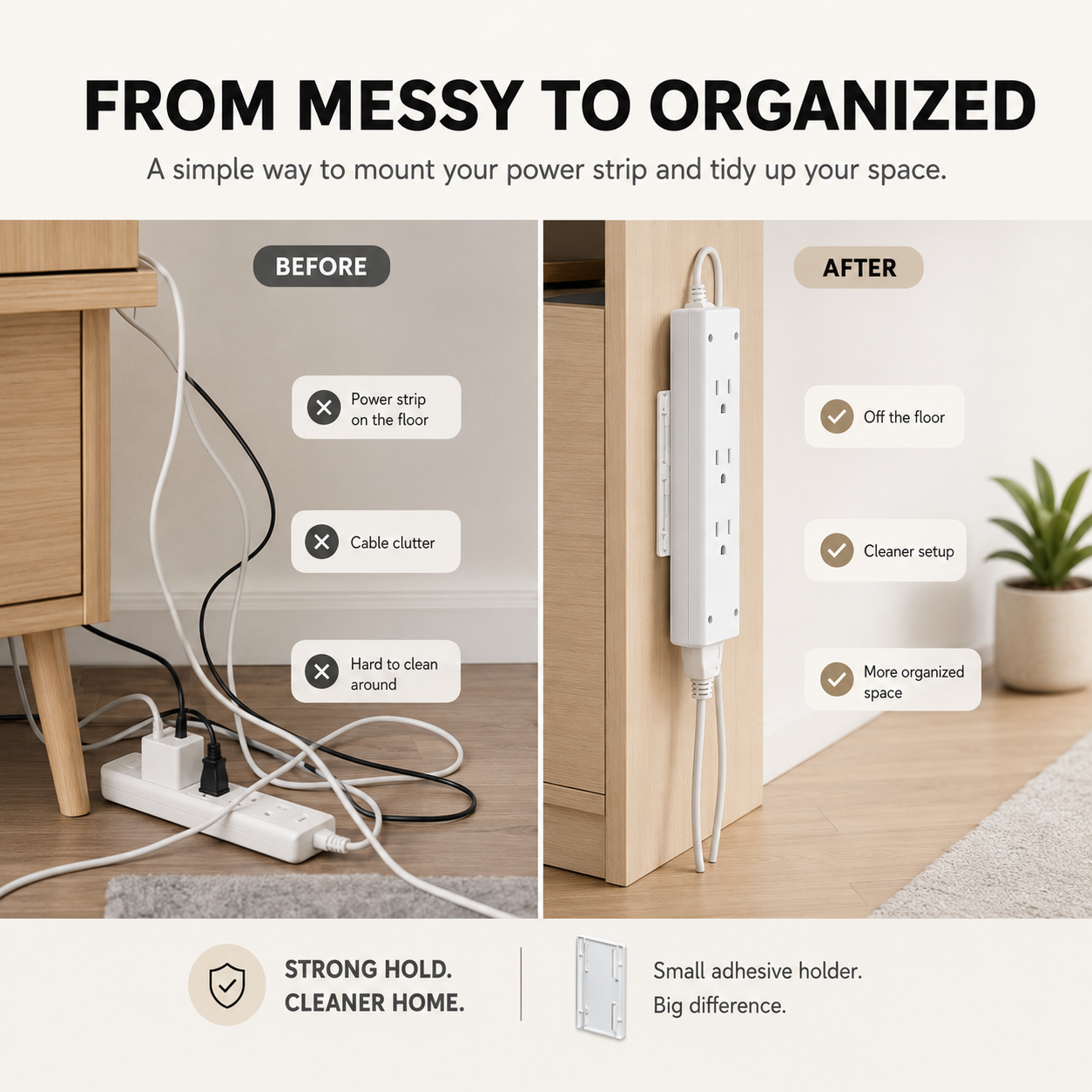 Wall Mounted Power Strip Holder – No Drill Cable Organizer for Clean & Clutter-Free Spaces