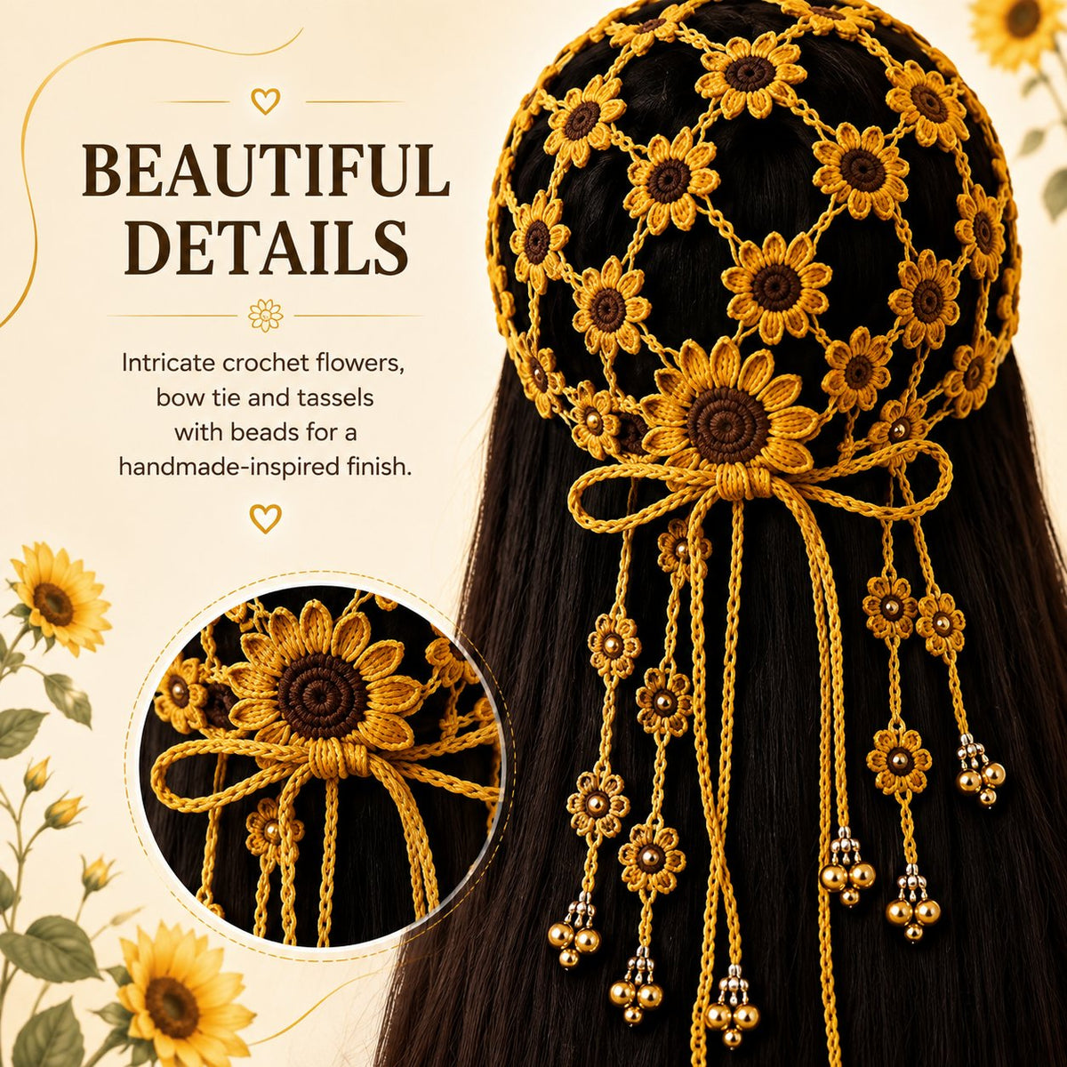🔥Last Day 49% OFF - 🌻Women’s Handmade Crochet Sunflower Baseball Cap – Hollow-Out Boho Summer Sun Hat with Decorative Tassels