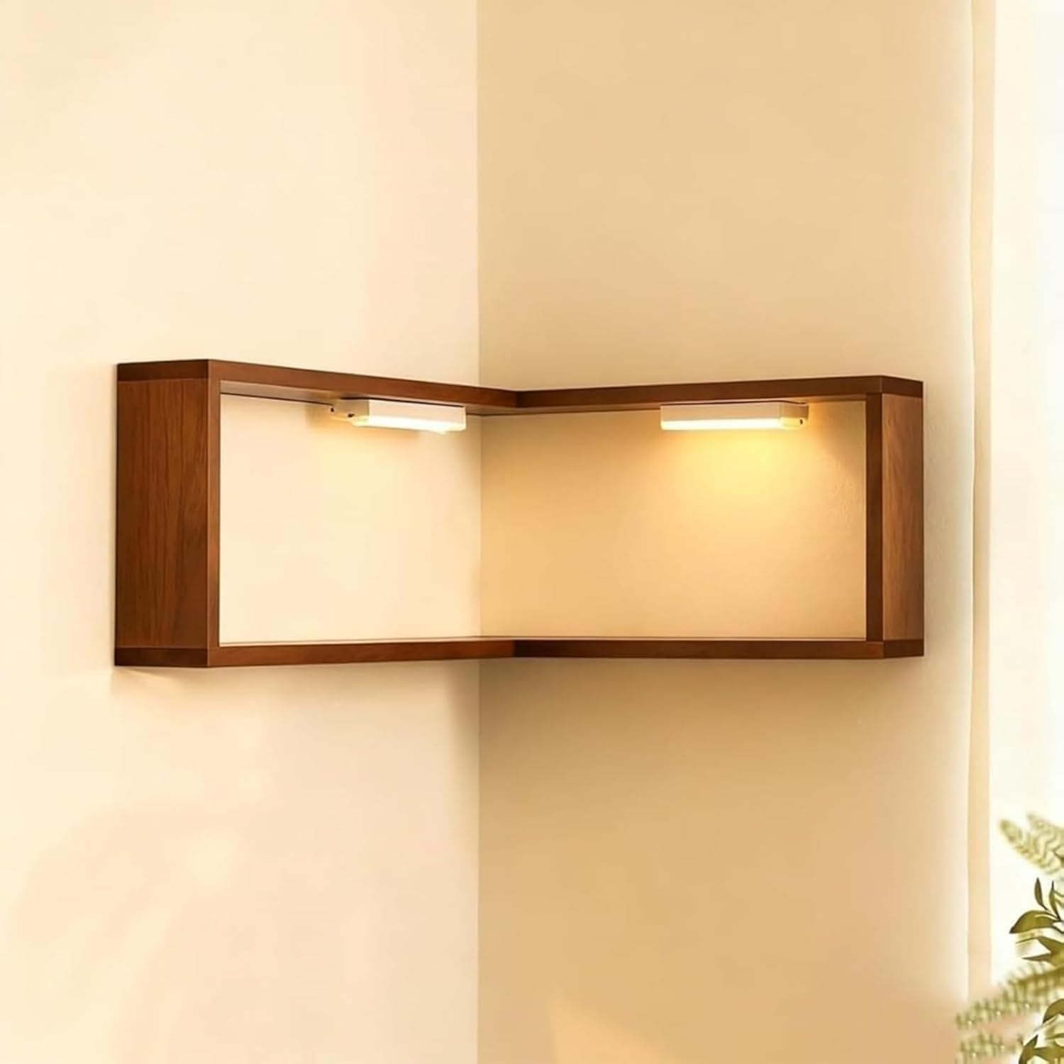Corner display shelf with integrated warm lighting