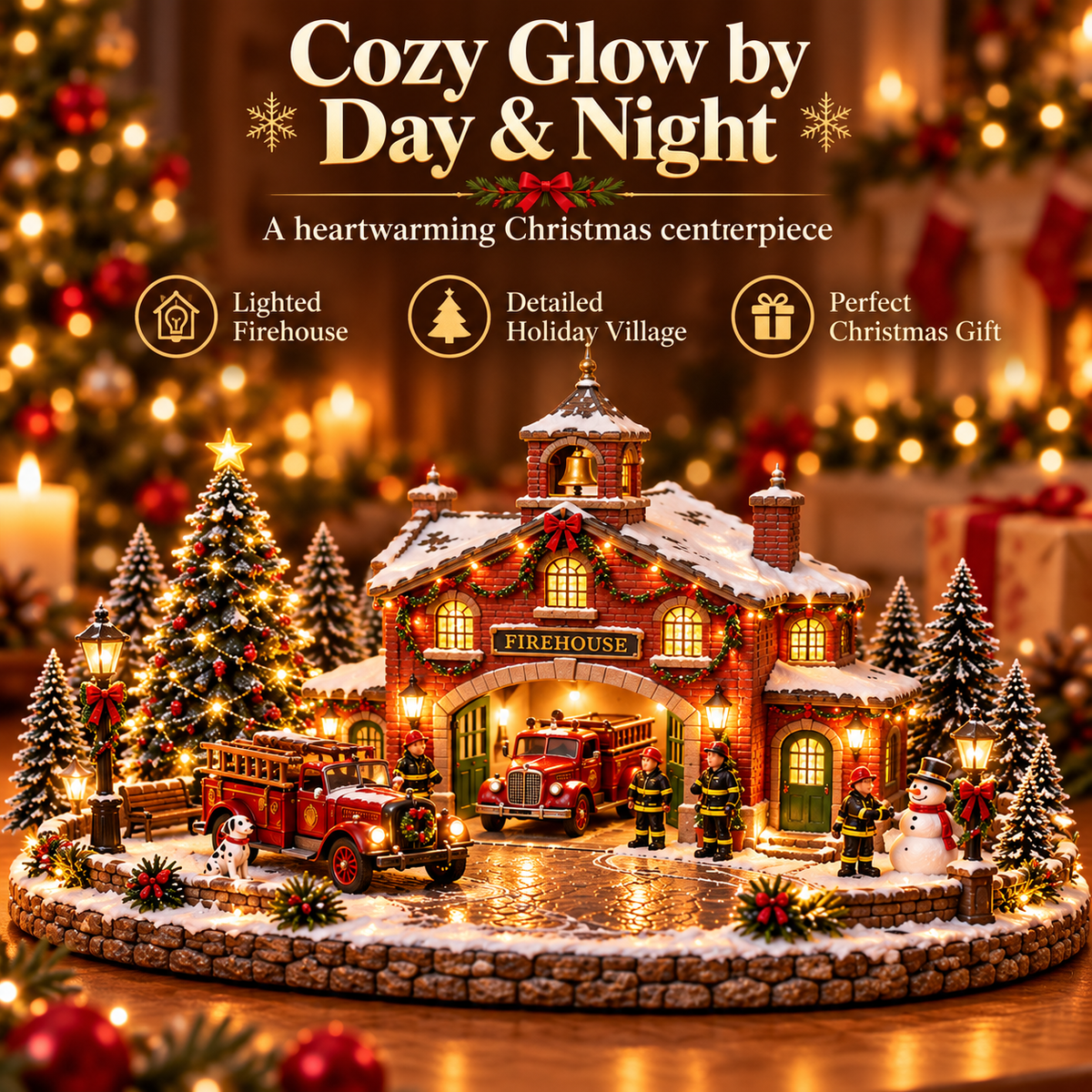 🚒 Lighted Christmas Firehouse Village | Vintage Fire Truck Holiday Décor