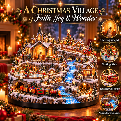 Lighted Animated Christmas Village with Train, Reindeer Sleigh & Waterfall ✨