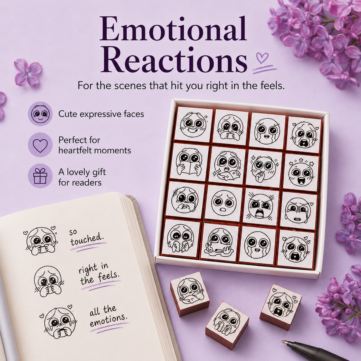 Emotional expression reaction stamp set for sweet teary heartfelt reading scenes