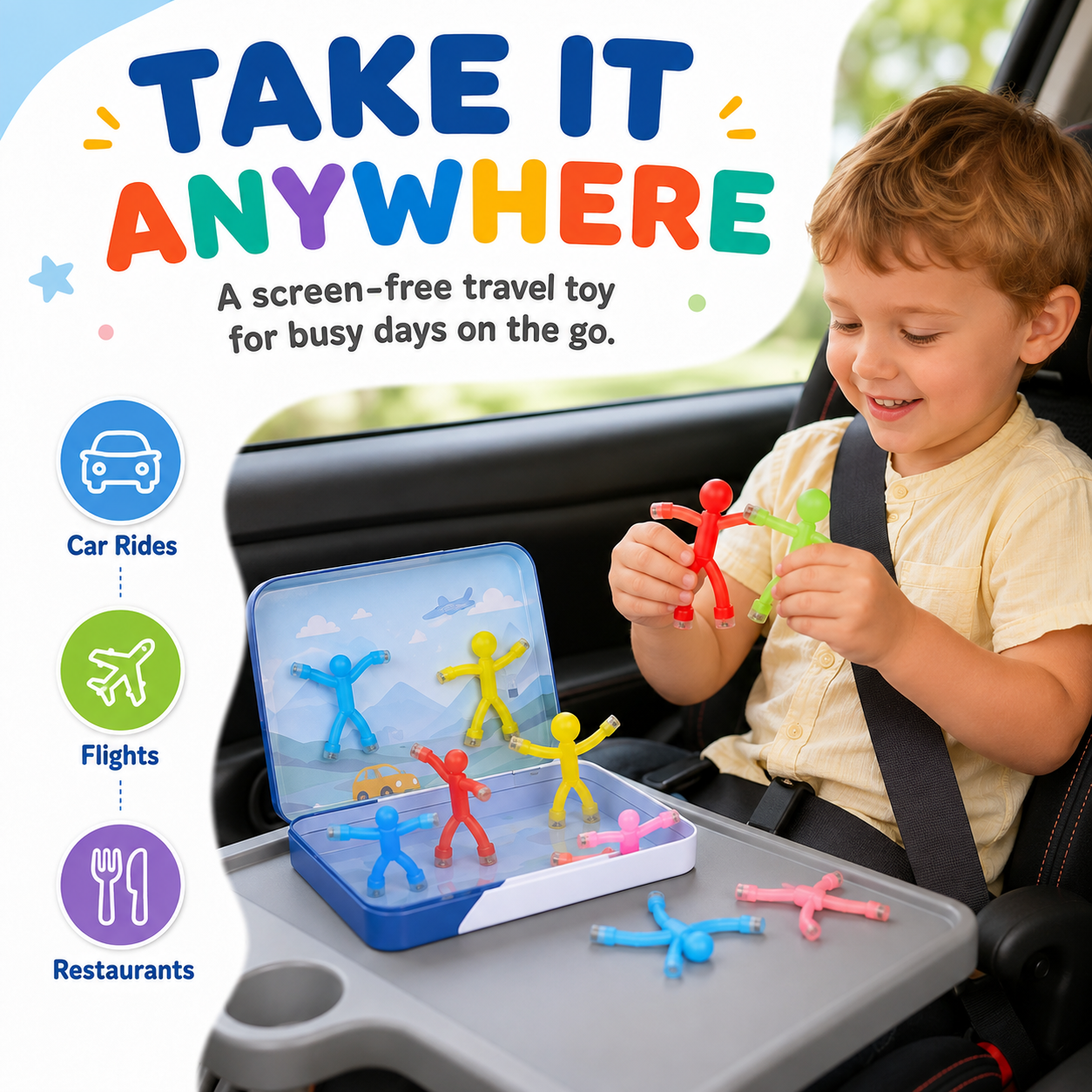 Magnetic bendy figures used as screen free travel toy during car rides