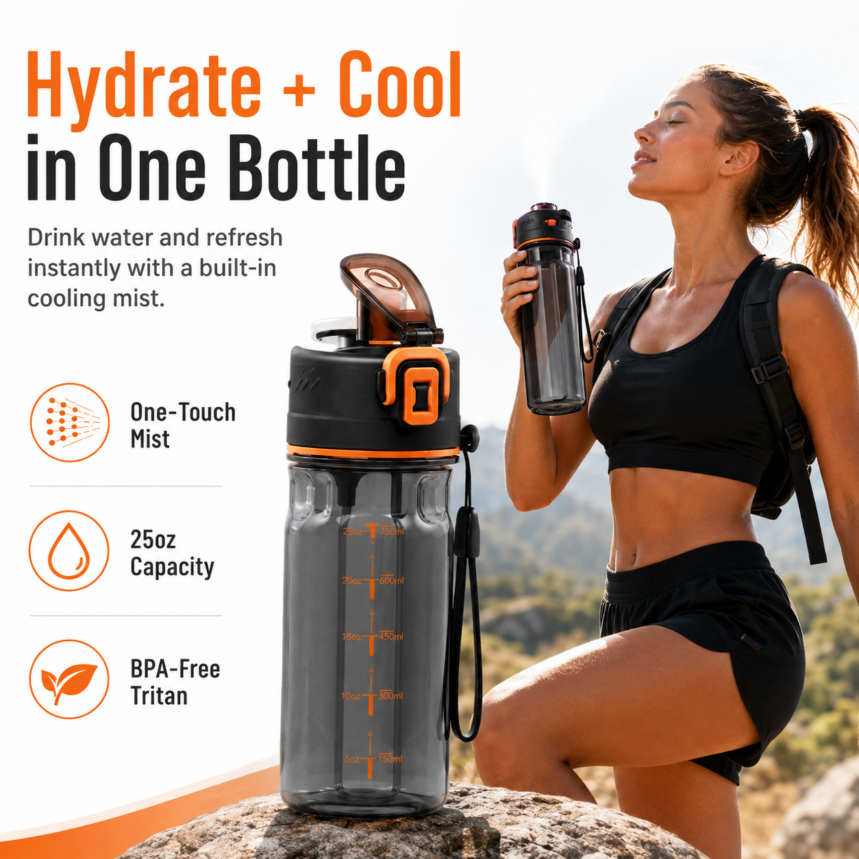 25oz BPA free Tritan misting water bottle for active outdoor use