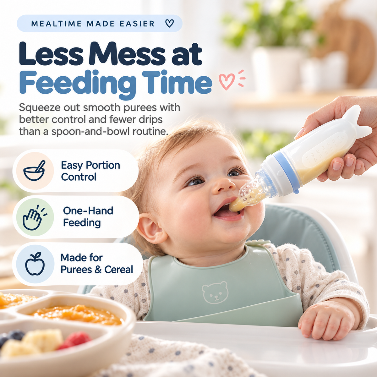👶💕Soft Squeeze Baby Food Feeder – Refillable Puree Bottle with Protective Cap
