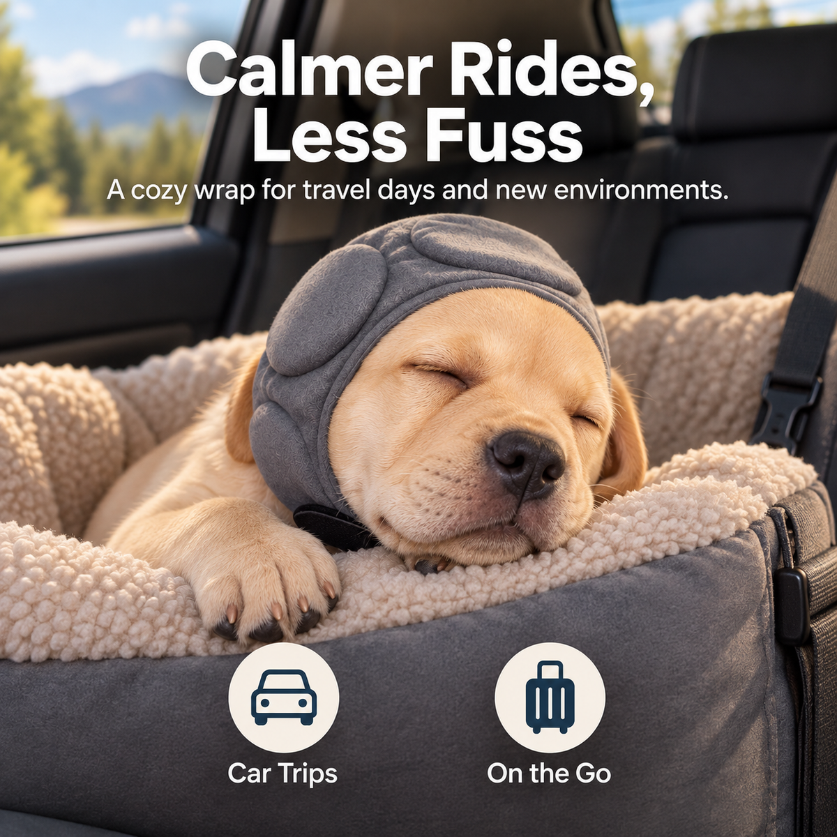 Dog wearing padded head and ear wrap while traveling in a car