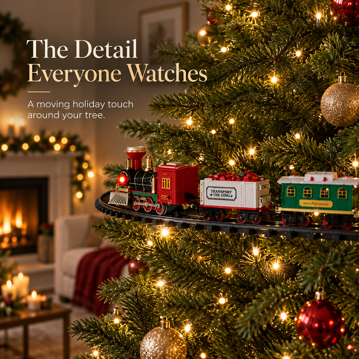 Christmas train moving around an illuminated tree