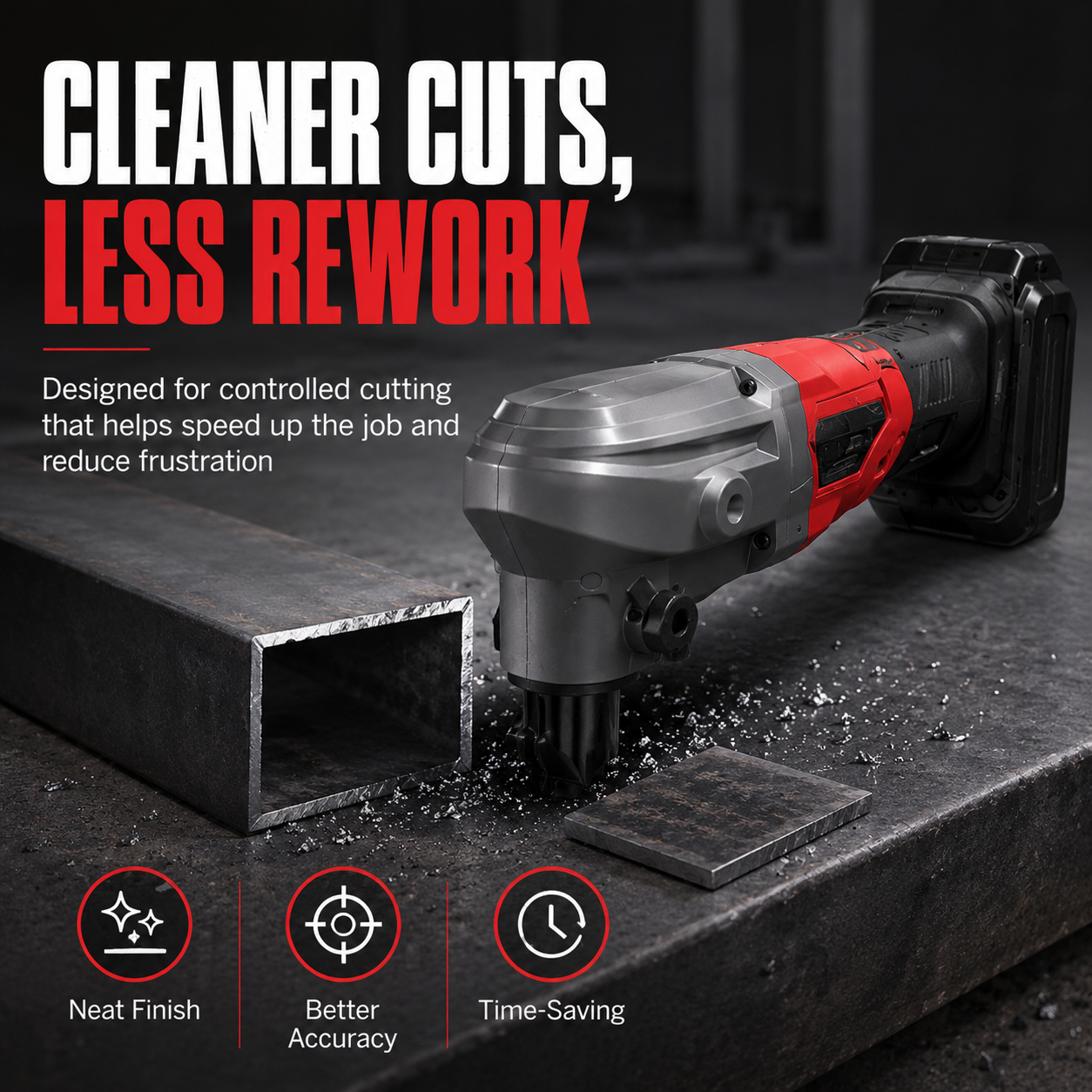 Cordless metal cutter producing cleaner controlled cuts with less rework