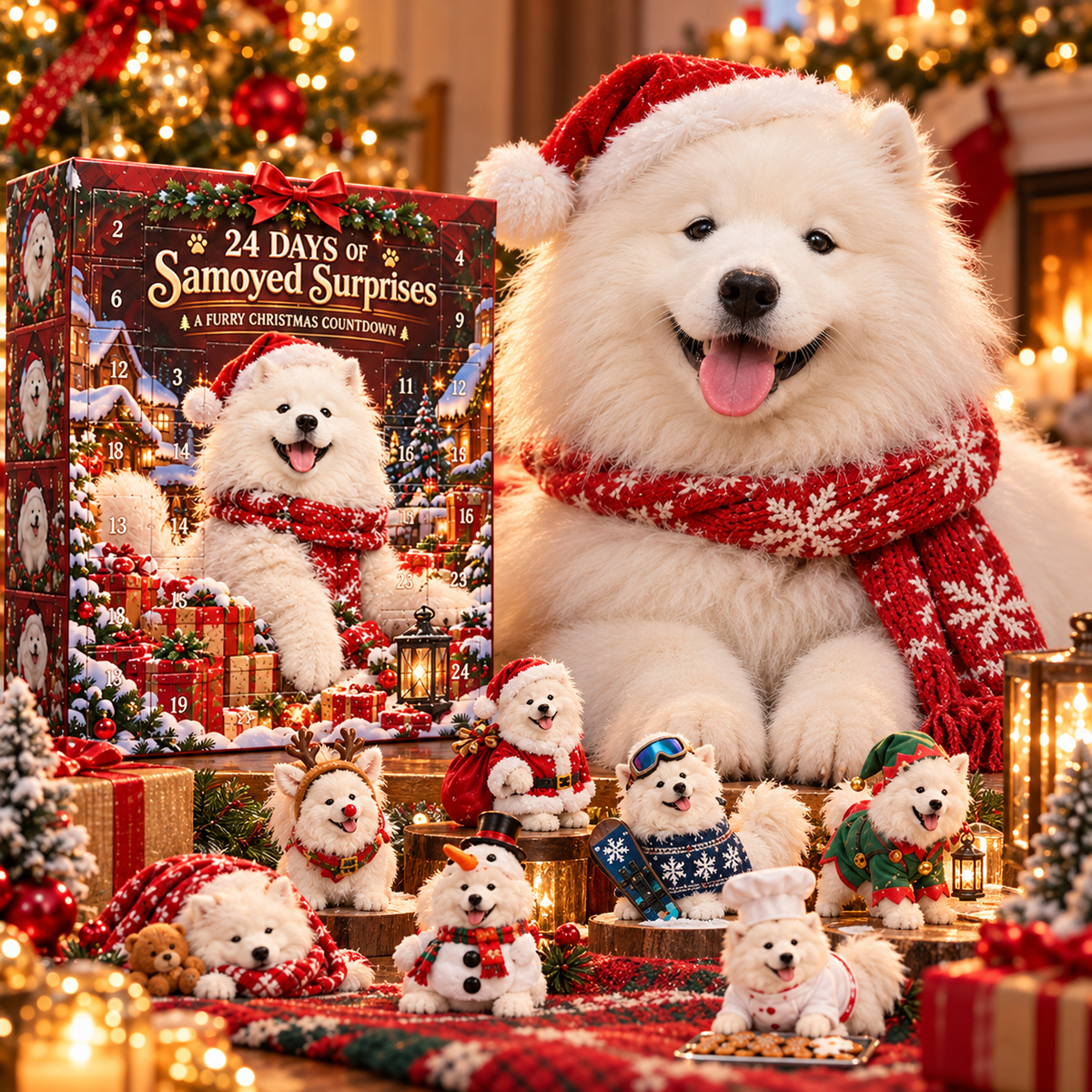 Samoyed Christmas countdown with festive miniature characters