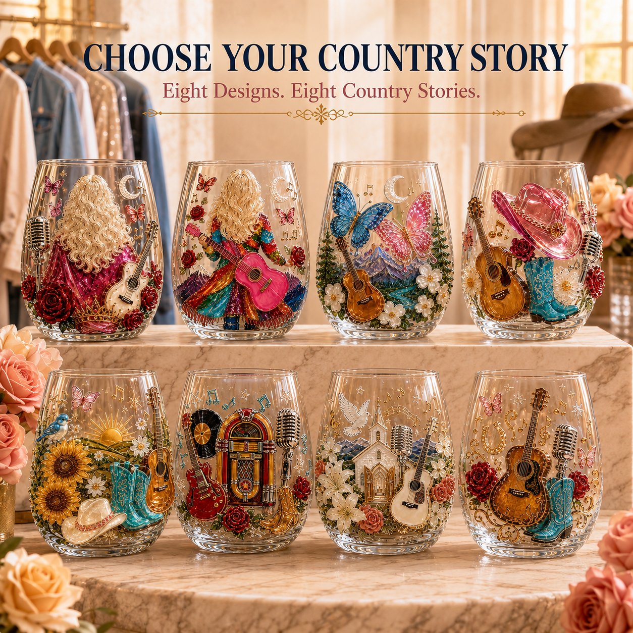 🤠 Queen of Country 1946–2026 3D Glass Collection | 8 Inspired Country Designs with Raised Guitars, Butterflies, Boots, Florals & Vintage Music Details 🎸✨