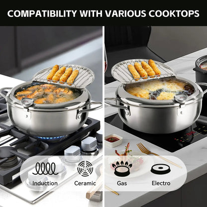 🥗Kitchen Essentials 🍳 304 Stainless Steel Deep Fryer Pot – Thermometer, Oil Drain Rack, Splatter-Proof Lid