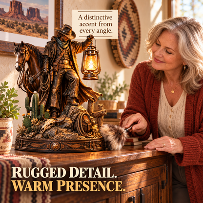 ✨Last Light of the Frontier – Western Rider & Horse Lantern Statue