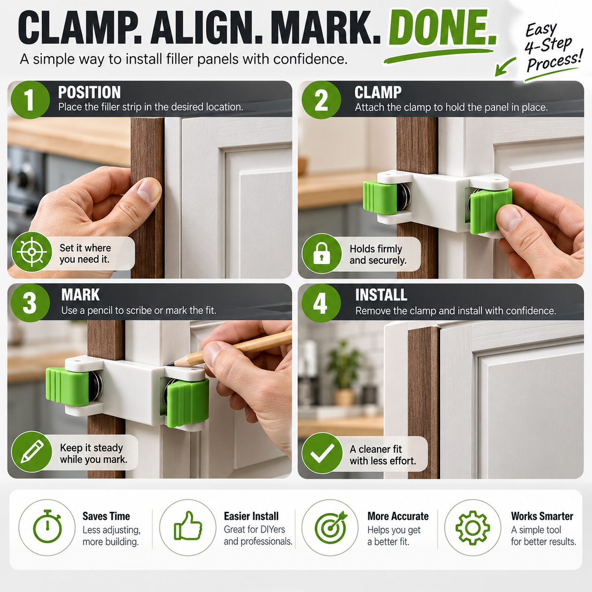 🛠️ Cabinet Installer’s Third Hand – Dual-Side Filler Clamp for Aligning, Scribing & Marking