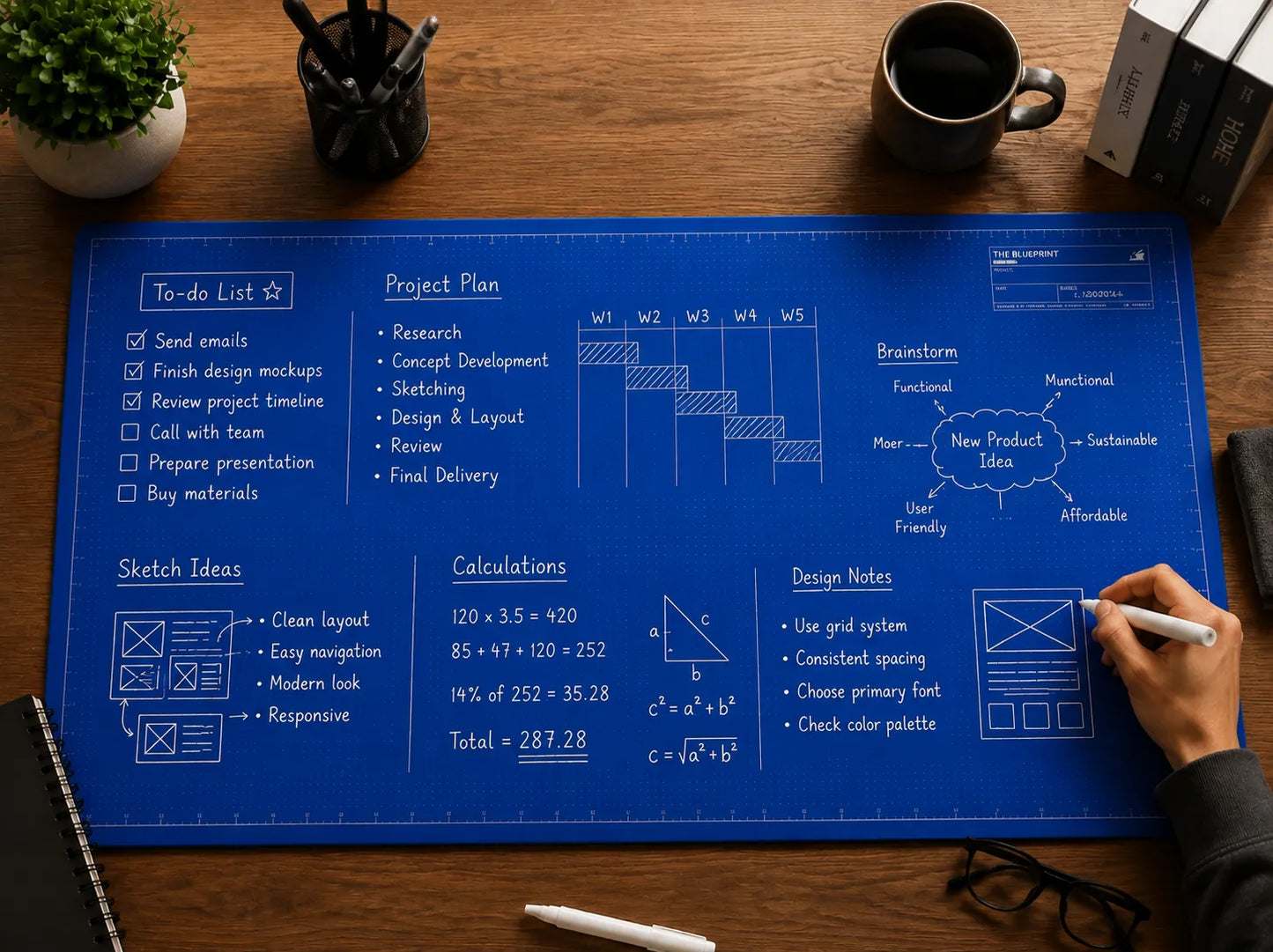 🖊️✨The Blueprint Deskmat Includes the Blueprint Marker💻A Double-Sided Deskmat to Draw, Erase & Redraw As Needed