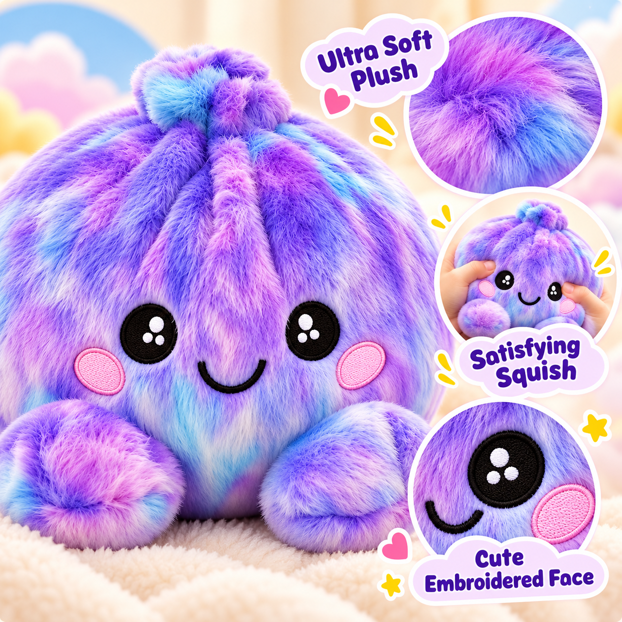 Close-up of the purple-blue dumpling plush showing its fluffy texture and embroidered face