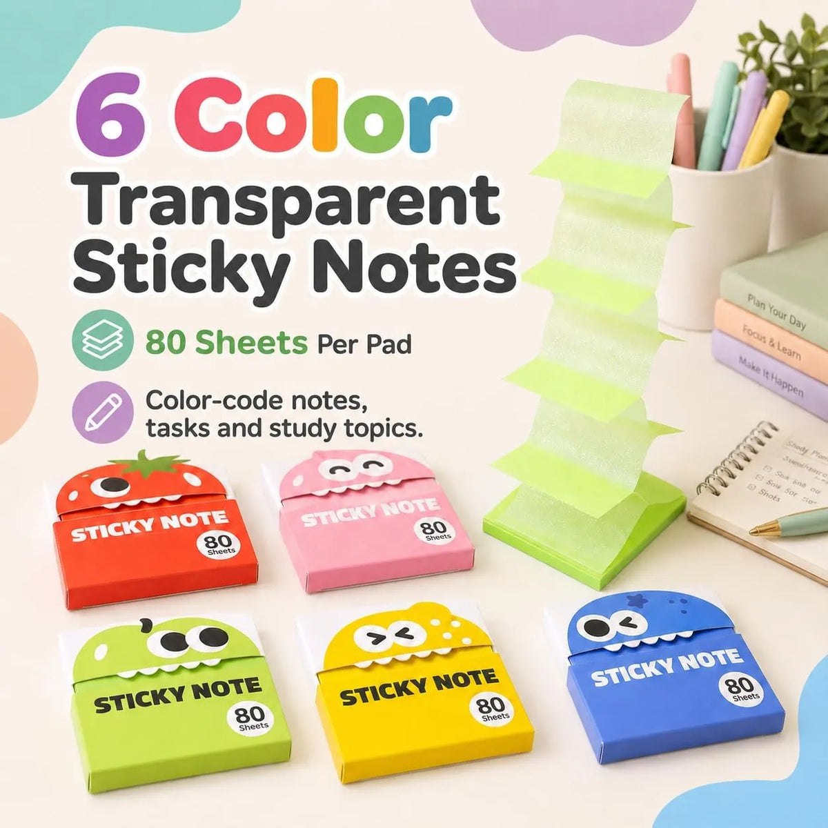 ✍️Rarler Transparent Pull-Out Glitter Sticky Notes - 80 Sheets Per Pad
