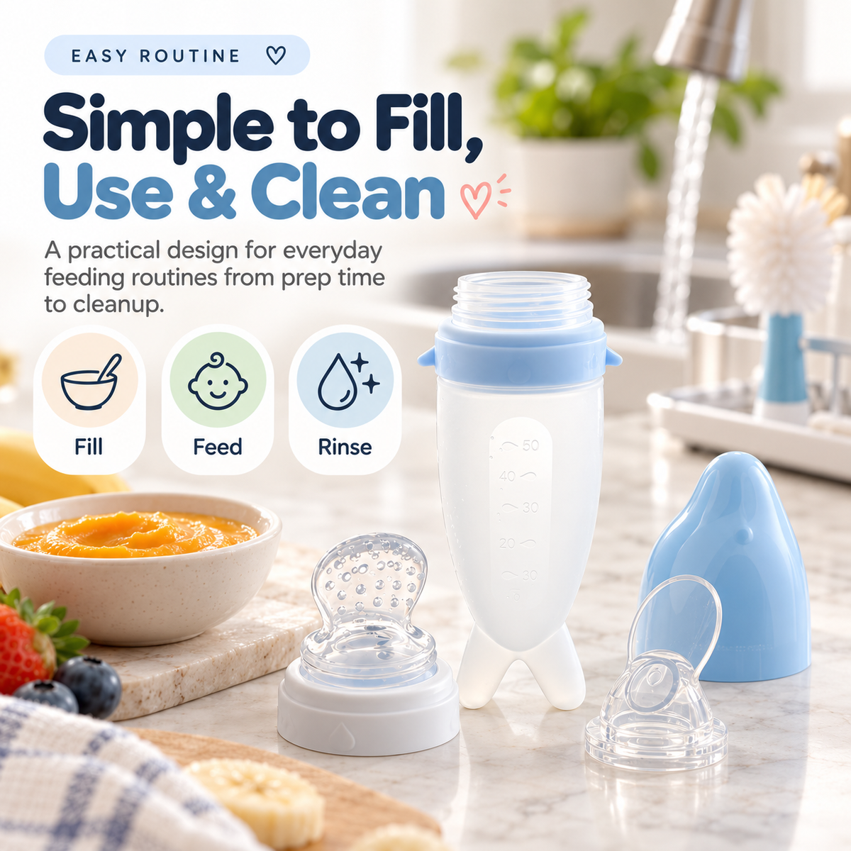 👶💕Soft Squeeze Baby Food Feeder – Refillable Puree Bottle with Protective Cap
