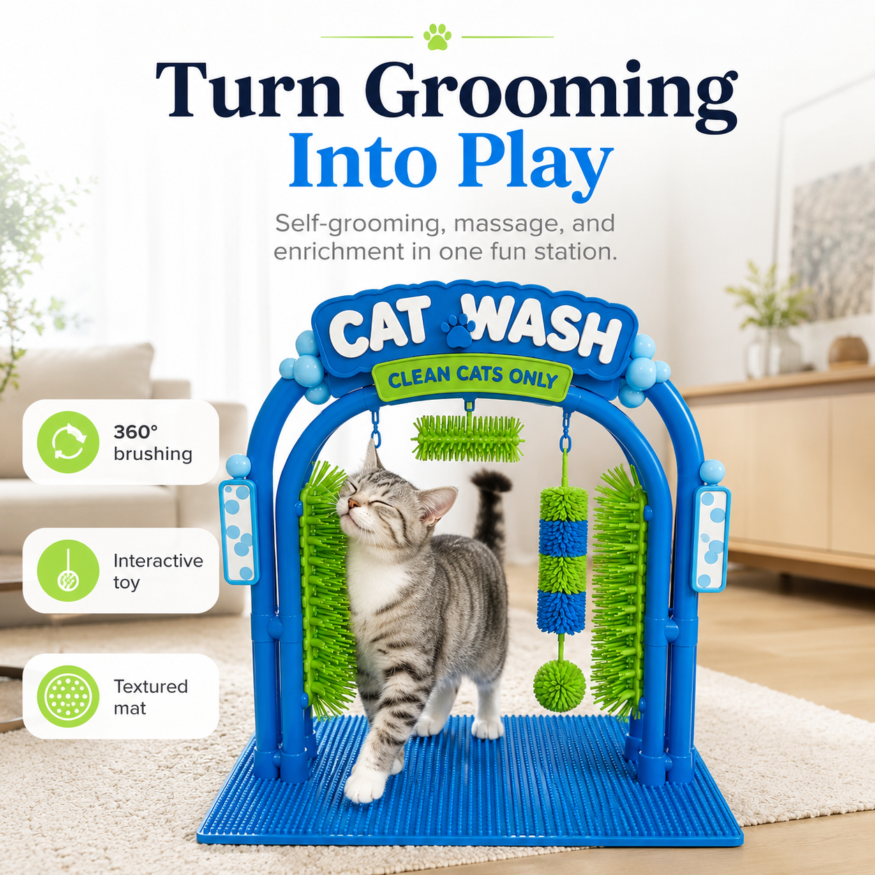 Interactive cat self grooming arch combining brushing play and textured mat