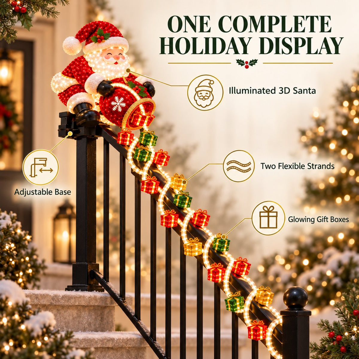 Complete Santa railing display with adjustable base two strands and glowing gift boxes