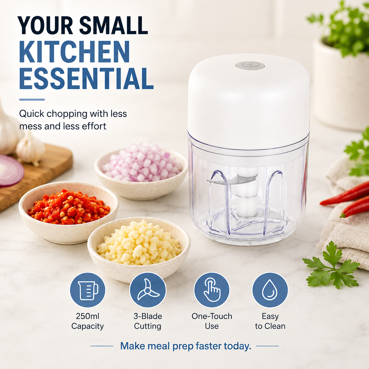 ⚡ 250ml Mini Electric Food Chopper  3-Blade One-Touch Garlic & Veggie Cutter