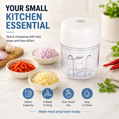 ⚡ 250ml Mini Electric Food Chopper  3-Blade One-Touch Garlic & Veggie Cutter