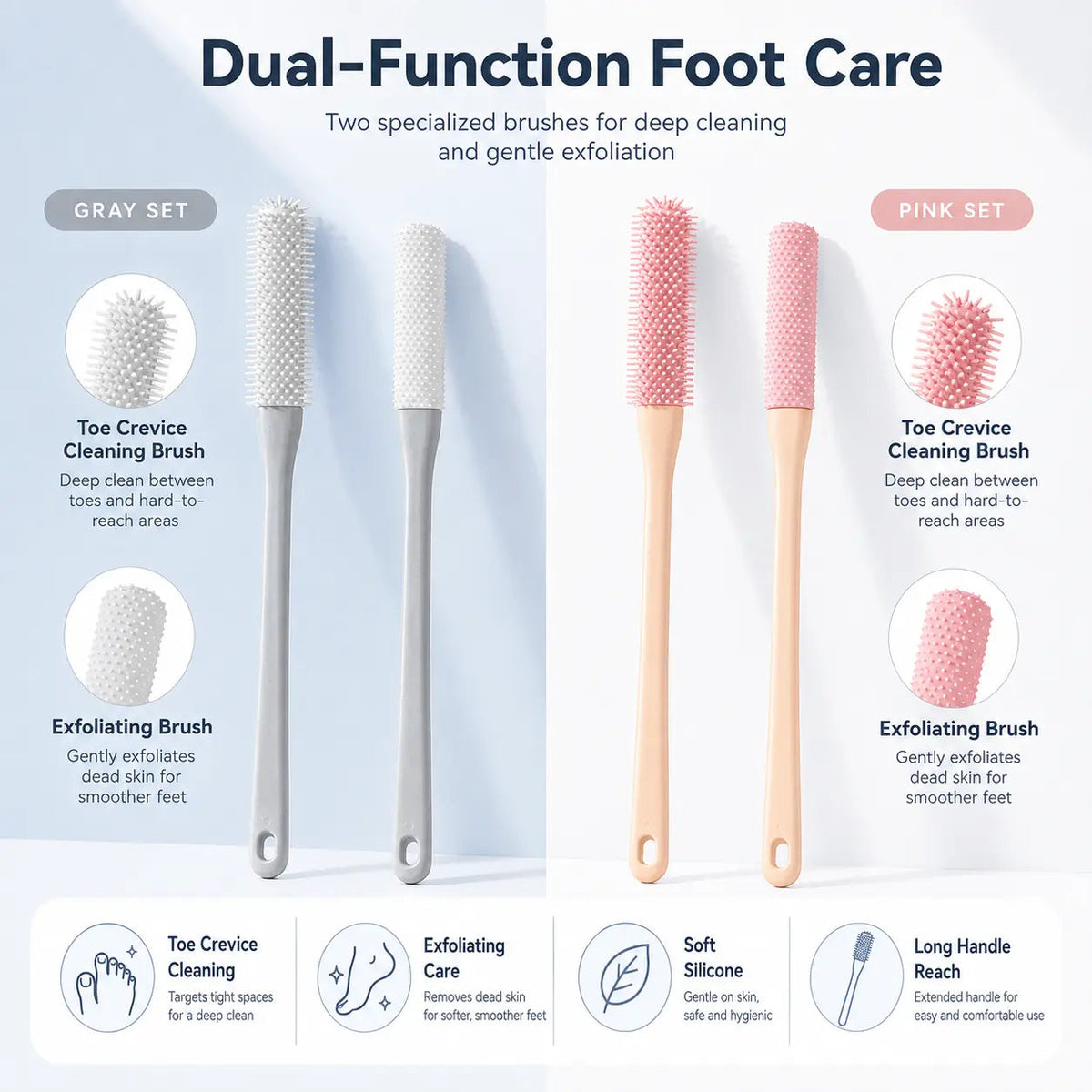 🦶🚿 Long-Handle Silicone Foot Cleaning Brush Set ✨ Easy-Reach Toe & Heel Care | 2 PCS
