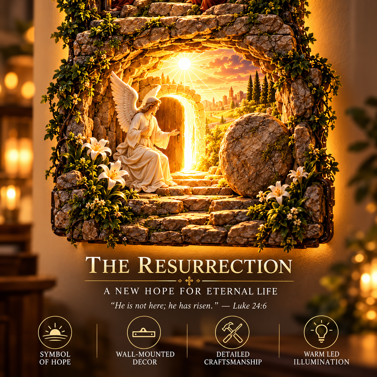 Resurrection scene showing an angel and the empty tomb in warm light