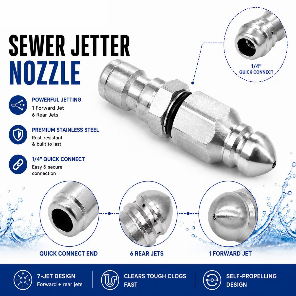 💦Stainless Steel Sewer Jetter Nozzle – 1/4' Quick Connect Drain Cleaning Attachment for Pressure Washers