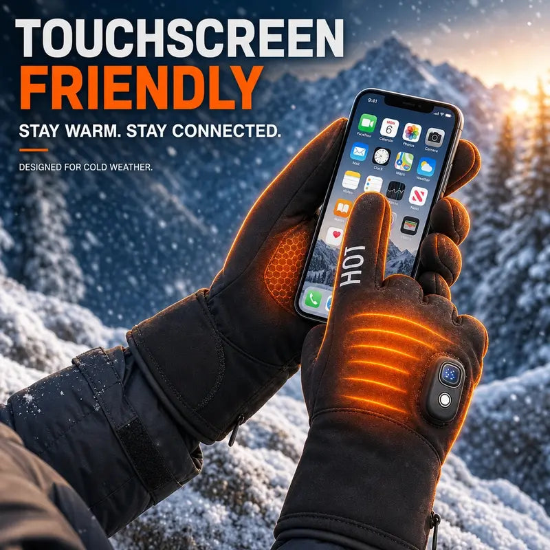 Gloved hand using a smartphone outdoors in snowy weather