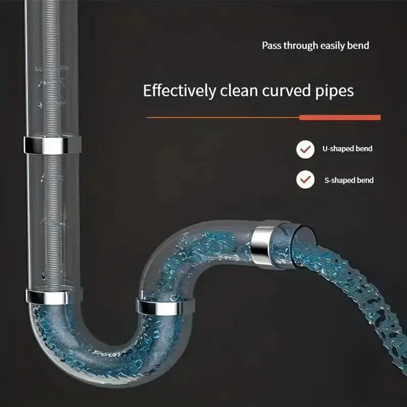 Flexible drain snake traveling through U shaped pipe bend