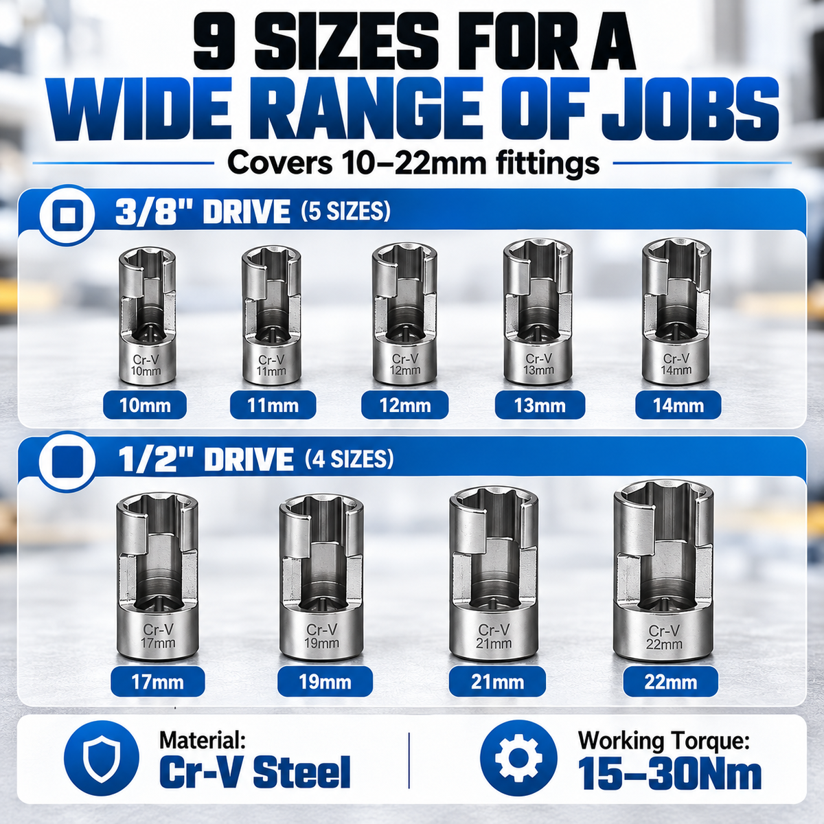 🔧9-Piece Injector & Sensor Line Socket Set – 10–22mm Open-Side Cr-V Sockets, 3/8' & 1/2' Drive