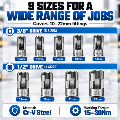 🔧9-Piece Injector & Sensor Line Socket Set – 10–22mm Open-Side Cr-V Sockets, 3/8' & 1/2' Drive
