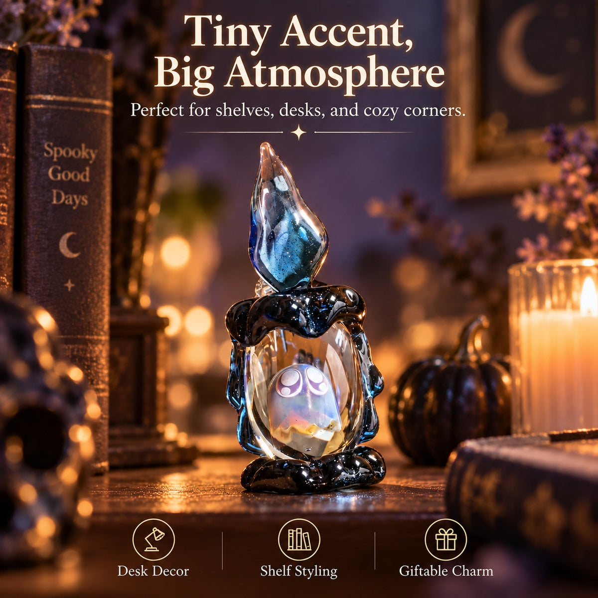 👻 Ghost in Candle Handmade Glass Figurine — Spooky-Cute Collectible Decor