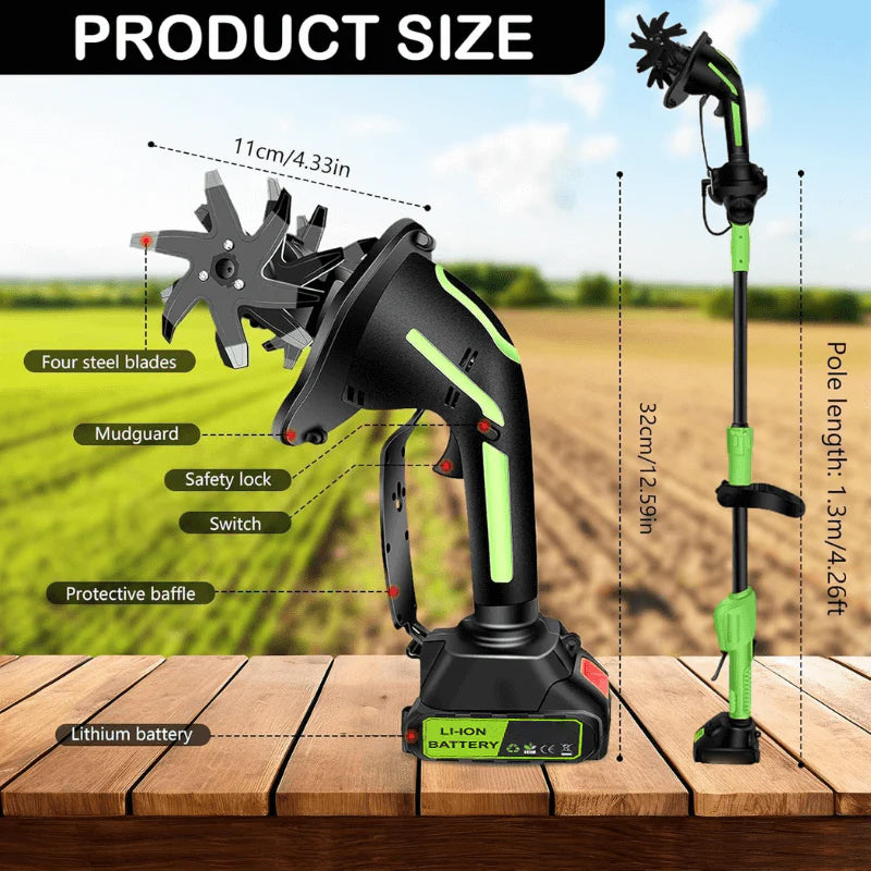 Multifunctional 2-in-1 Cordless Tiller & Cultivator with Telescopic Pole