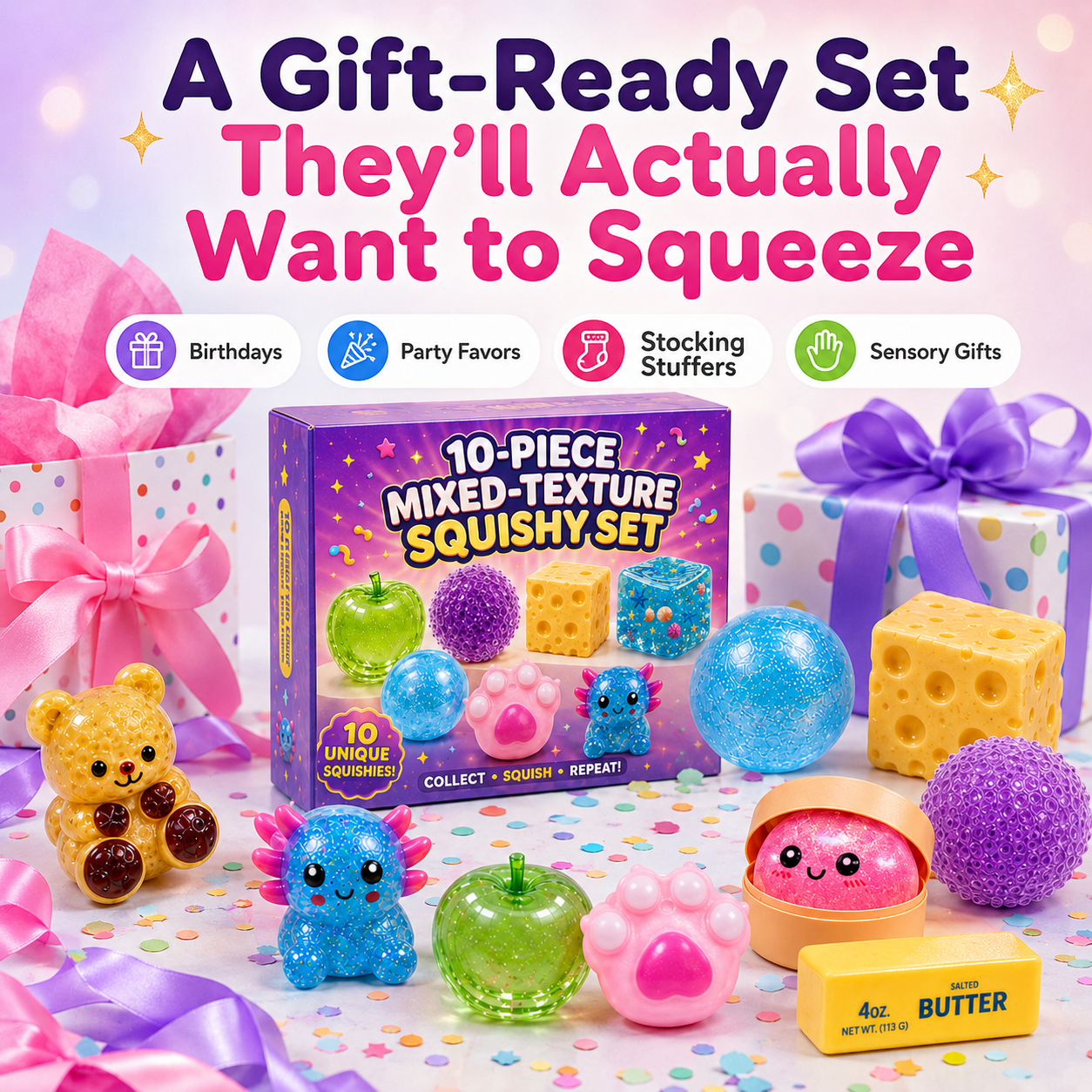 ✨ 10-Piece Mixed-Texture Squishy Set – Squeeze, Stretch & Discover the Fun!