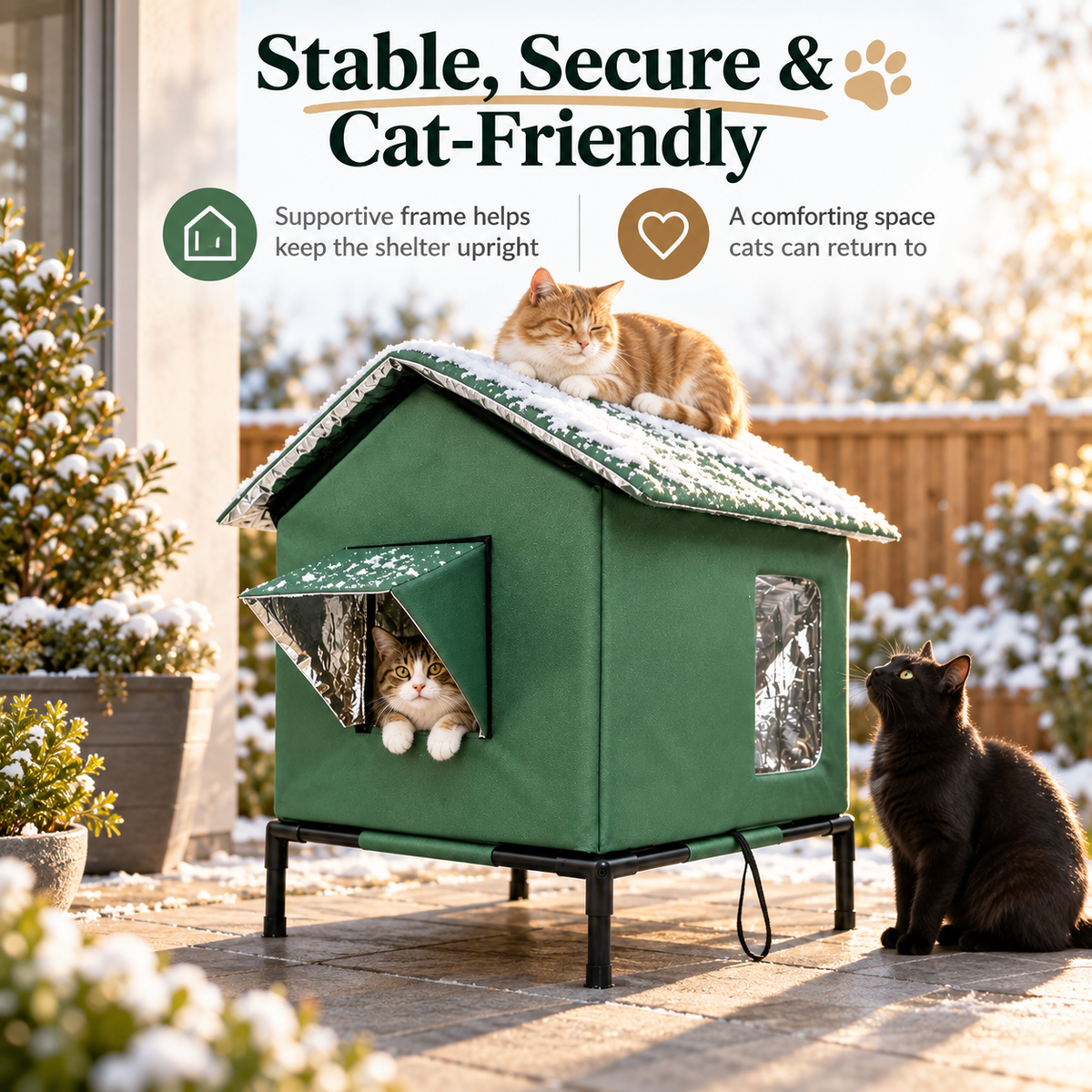 Stable elevated outdoor cat house with supportive frame