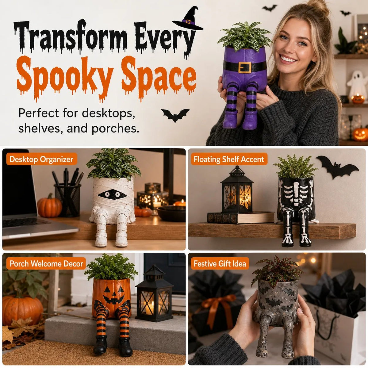 🎉49% OFF – 🎃 Halloween Hanging Leg Planter | Hand-Painted Resin Character Pot for Succulents, Shelves, Desks, Porches & Spooky Seasonal Displays 🪴