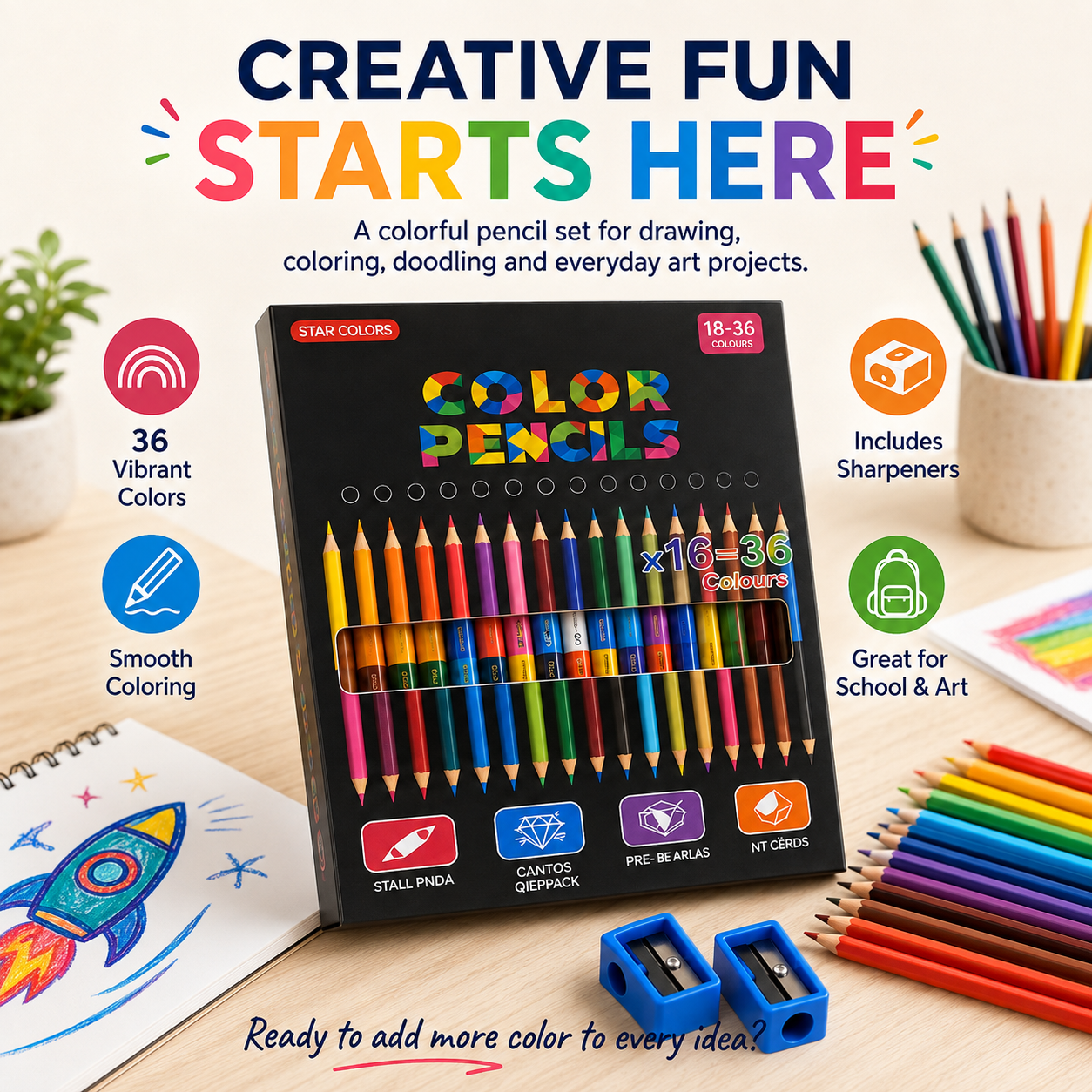36 color double ended colored pencil set with sharpeners