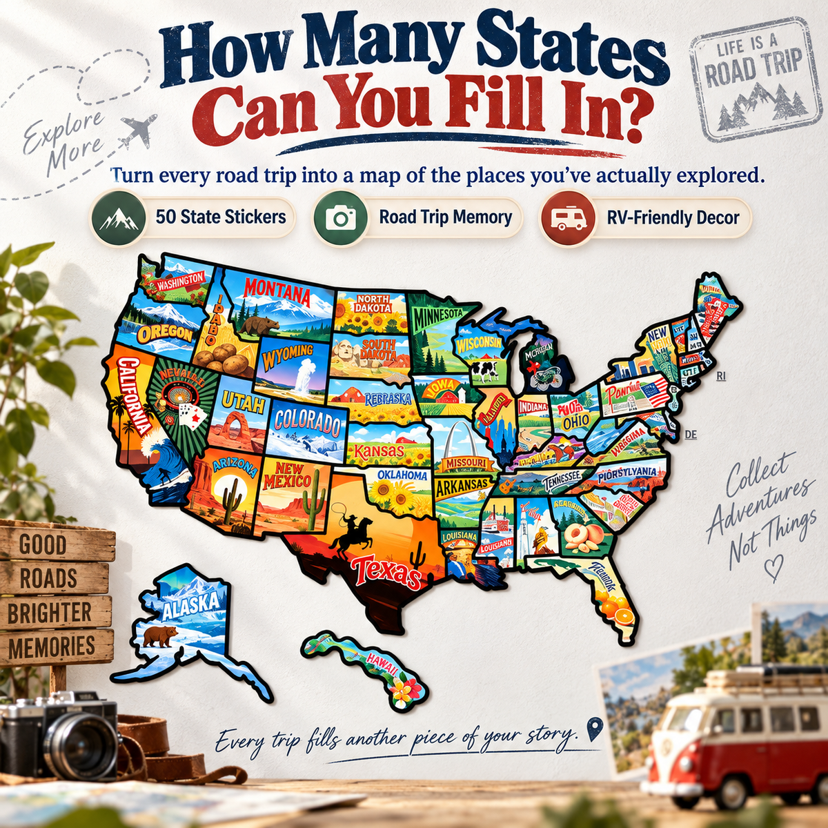 🔥🗺️RV State Sticker Travel Map—Document Your American Adventures in Style